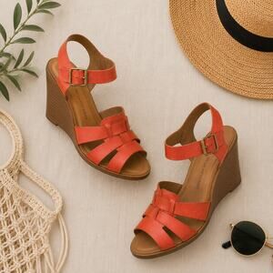 Pour La Victoire Coral Orange Leather Wedge Sandals Ankle Strap Size 8 Brazil